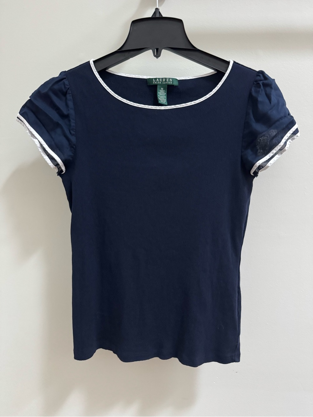 Lauren Ralph Lauren 100% Cotton Navy Blue Ribbed Puff Sleeve Top Size M